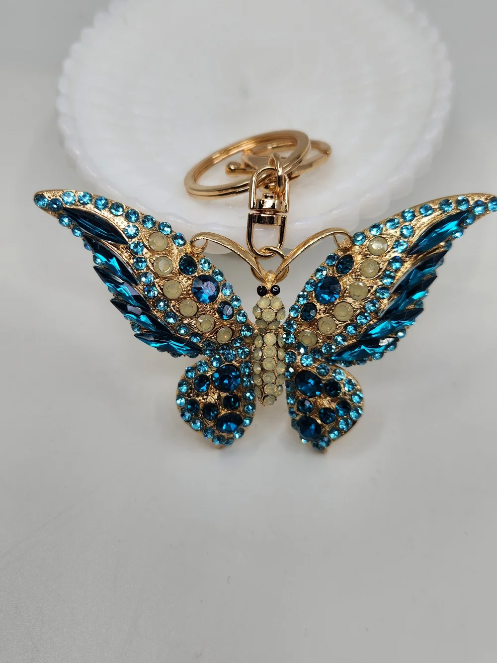 Gold-Tone Blue Crystal Butterfly Keychain Charm